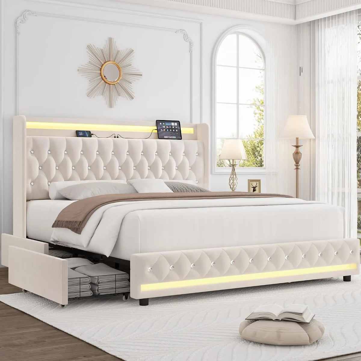 HIFIT Upholstered Full LED Bed Frame with Storage - Charging Headboard, Beige
