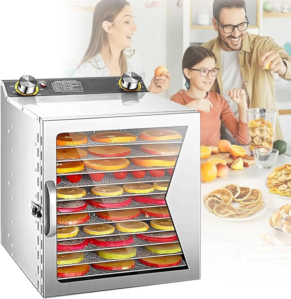Stainless Steel Food Dehydrator - Dual Fan 360° Efficient Drying, 24H Timer & 30-90℃ Temperature Control, Food Dryer Preserver for Meat Fruit 12Layer