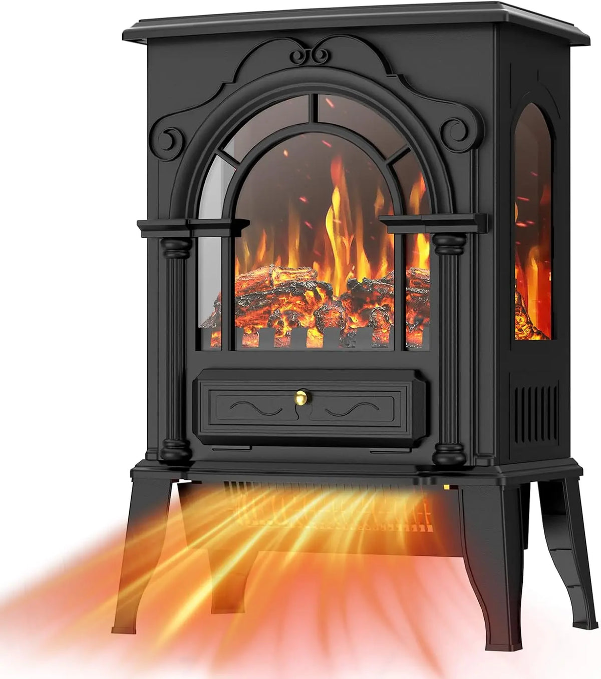 BREEZEHEAT Electric Fireplace Stove-Freestanding Fireplace Heater w/ 3D Flame - Thermostat Control, 1500W/1000W Quiet Heating, Overheating Protection