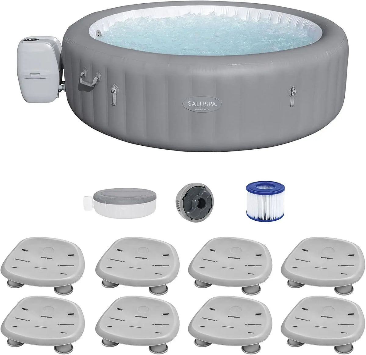 Bestway SaluSpa Santorini HydroJet Inflatable Hot Tub - EnergySense Cover and 8 Pack of SaluSpa Non Slip Pool and Spa Seats