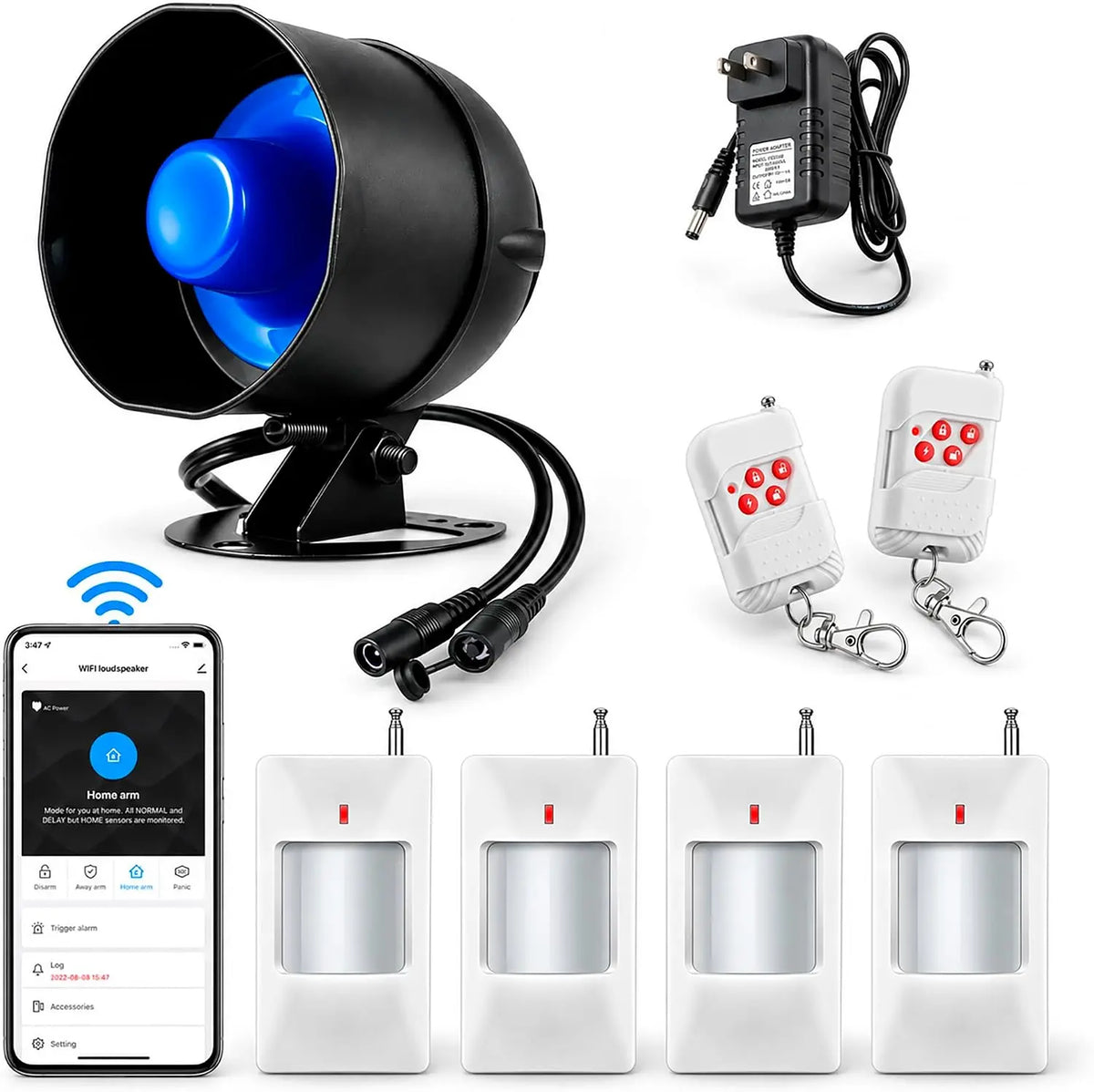 WiFi Alarm System for Home Security - Wireless 120dB Loud Siren with Motion Sensor, Remote Control, Weatherproof for House, Apartment, Shed, SetD