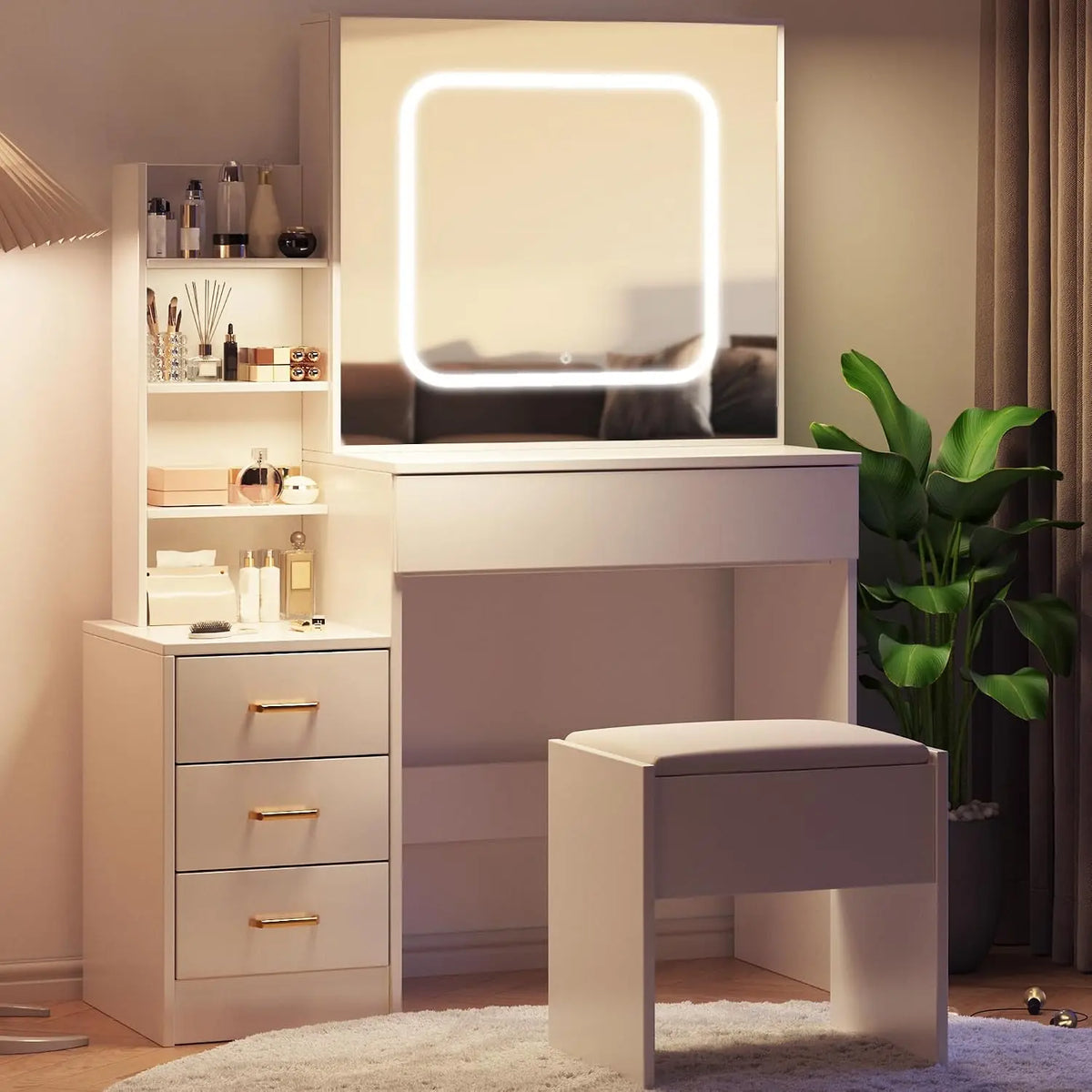 Vanity Set with Chair - Vanity Desk with Mirror and LED Lights, Makeup Dressing Table with Sliding Mirror, Power Outlet, 3 Color Adjustable Lighting