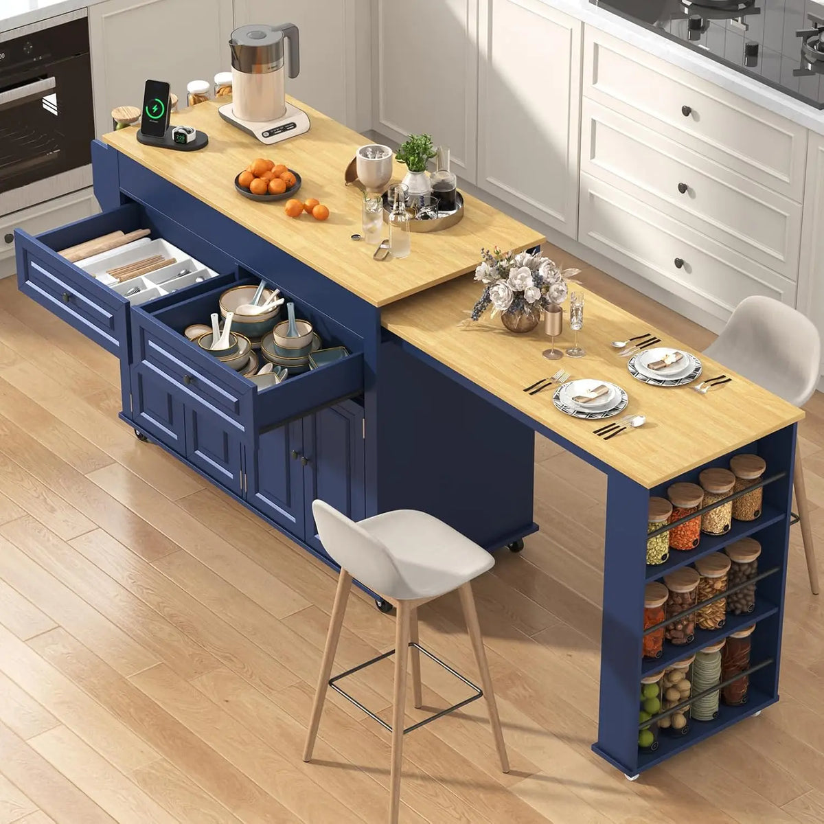 80-48 Inch Extendable Kitchen Island with Extended Dining Table and Power Outlet - Large Mobile Kitchen Storage Islands with 2 Storage Drawers, Blue