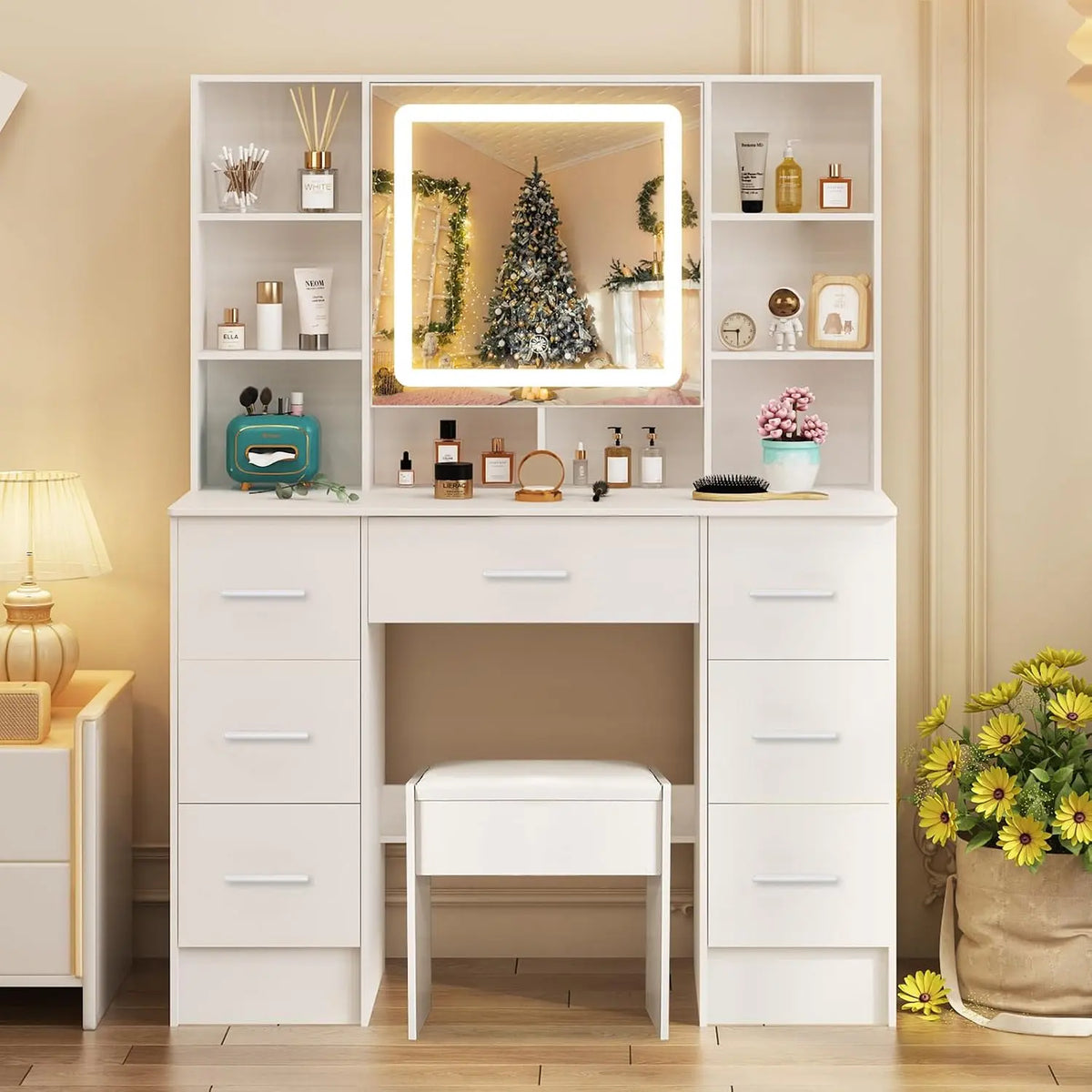 White Vanity Desk with Mirror and Lights - Makeup Vanity Table with 3-Color Adjustable LED Mirror, Dressing Table Set with Stool