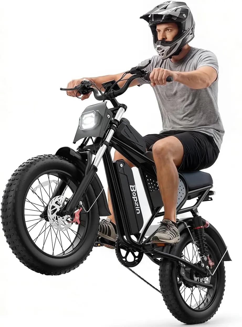Bopzin Electric Bike for Adult 2000W Peak Motor - 48V 25Ah Removable Battery, Up to 80 Miles Range, Smart App, 20 Inch Fat Tires Moped Style E-Bike