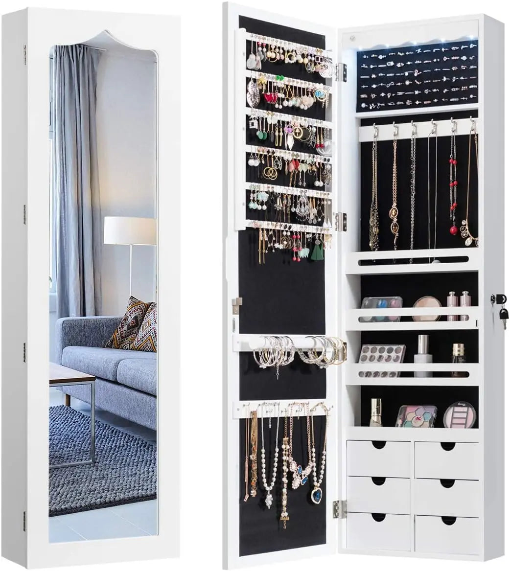 COSTWAY Jewellery Cabinet with LED Lighting - 6 Drawers and Mirror, Hanging Sail Cabinet, Wall Cabinet for Door and Wall Mounting, Lockable, White