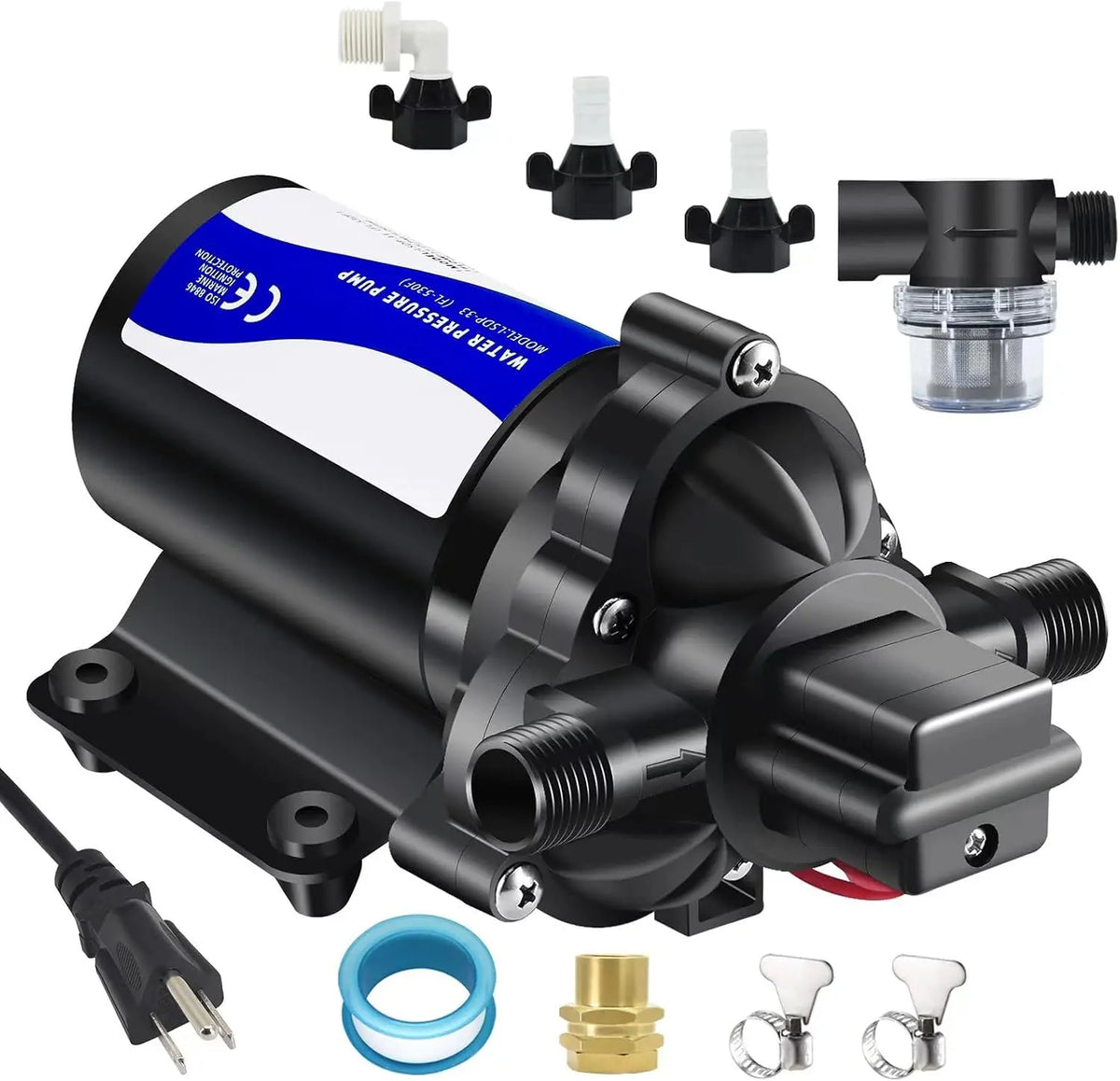 110V 50 PSI Water Pressure Booster Pump - Self-Priming Diaphragm Water Pump with Pressure Switch for RV, Home System & Irrigation, Strainer Included