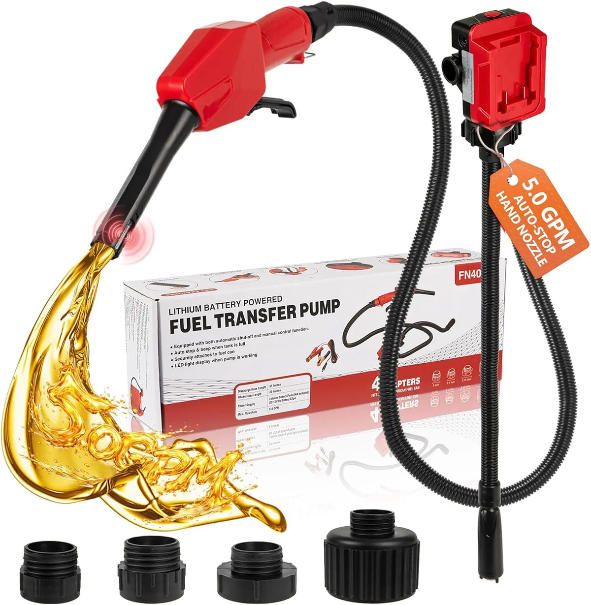 Cordless Fuel Transfer Pump - 5 GPM, Auto-Stop & Hand Nozzle, Compatible with Milwaukee 18V & DeWalt 20V Batteries, Gasoline, Bare Tool