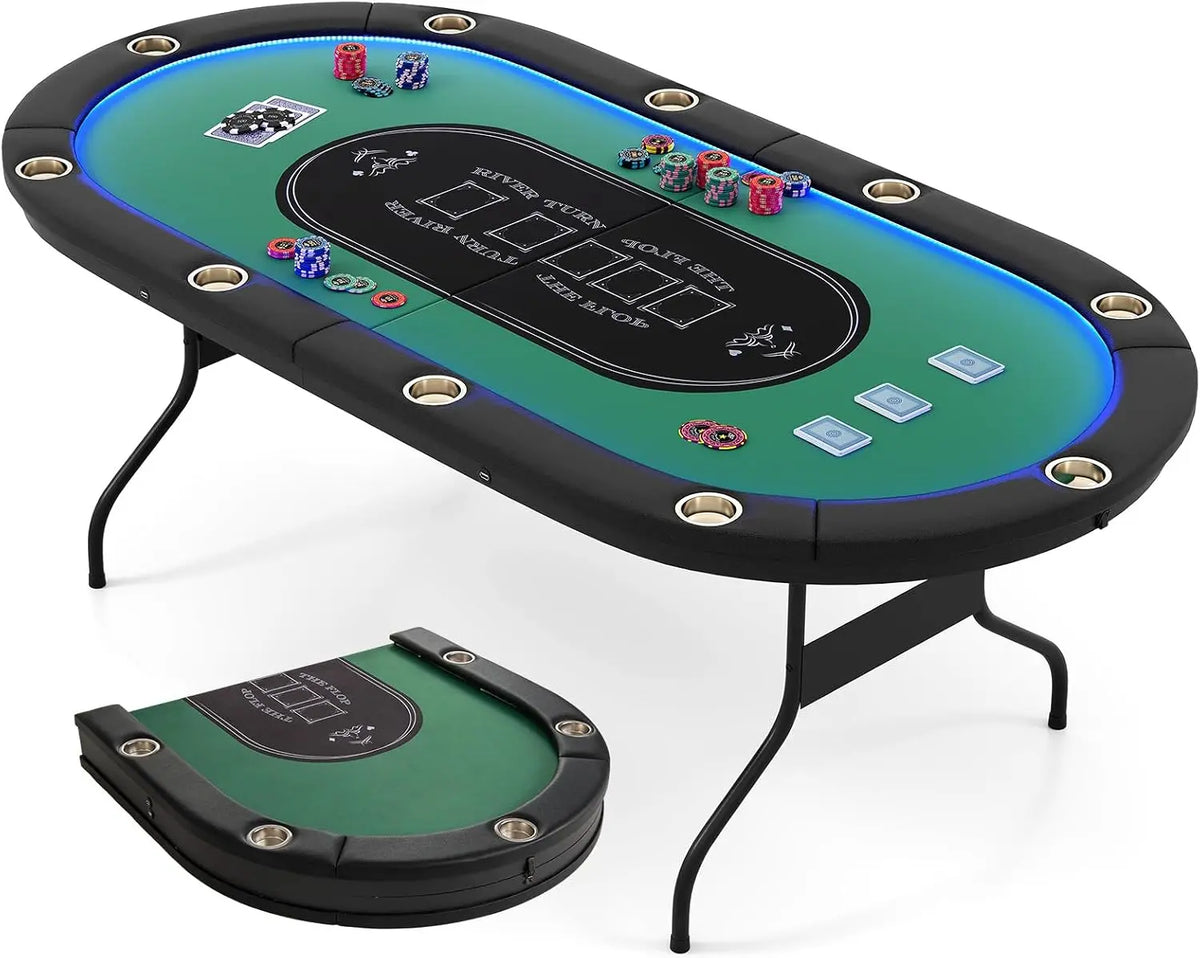 Goplus 84 Inch Foldable Poker Table with LED Lights - 10 Players Card Board Game Table w/Casino Grade Felt, Steel Cup Holder, Padded Rails, Blackjack