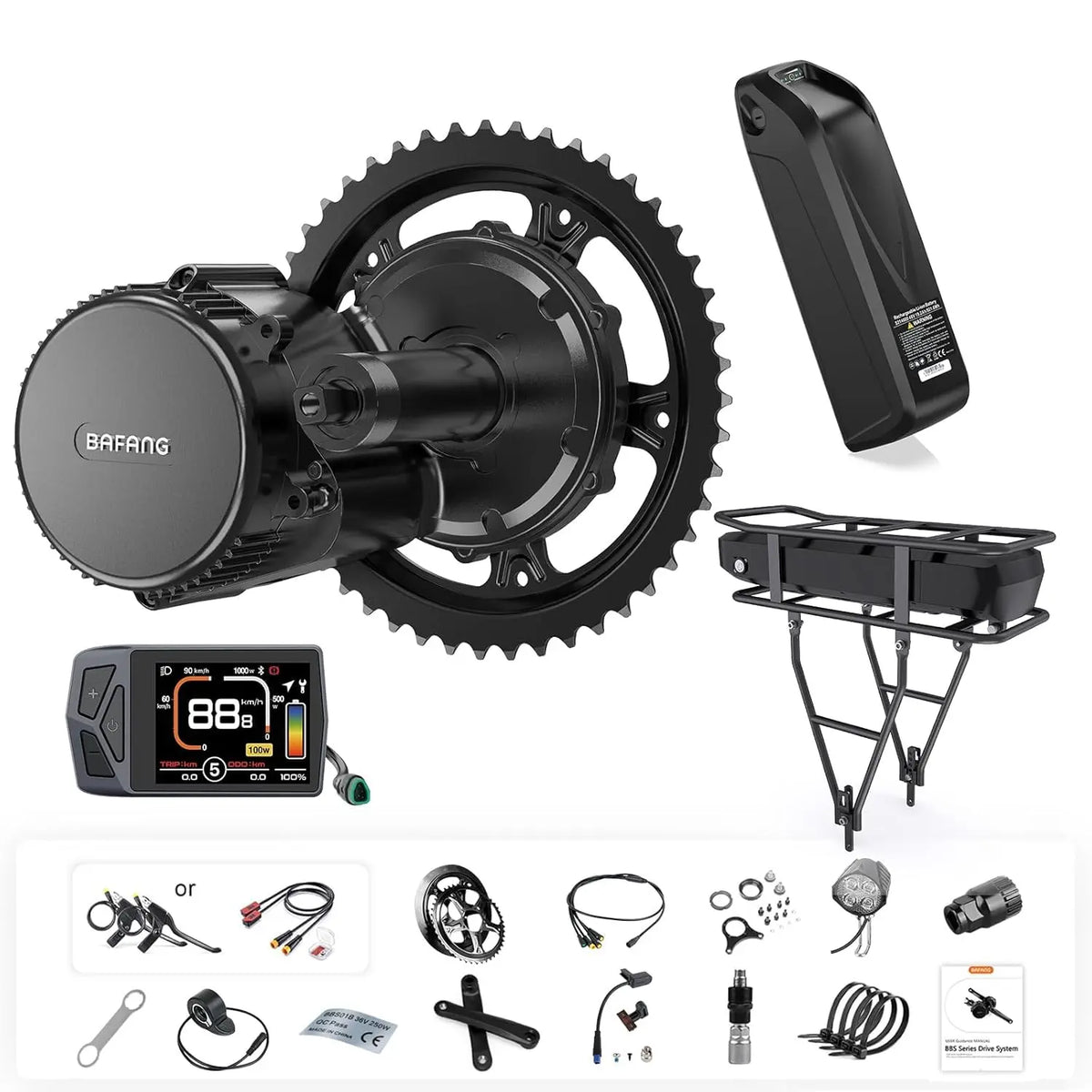 BAFANG BBS02B / BBS-HD Mid Drive Motor Kit - 36V/48V/52V 1000W/750W CAN Bus Ebike Conversion Kit with LCD Display, USB Programmable, Battery Optional
