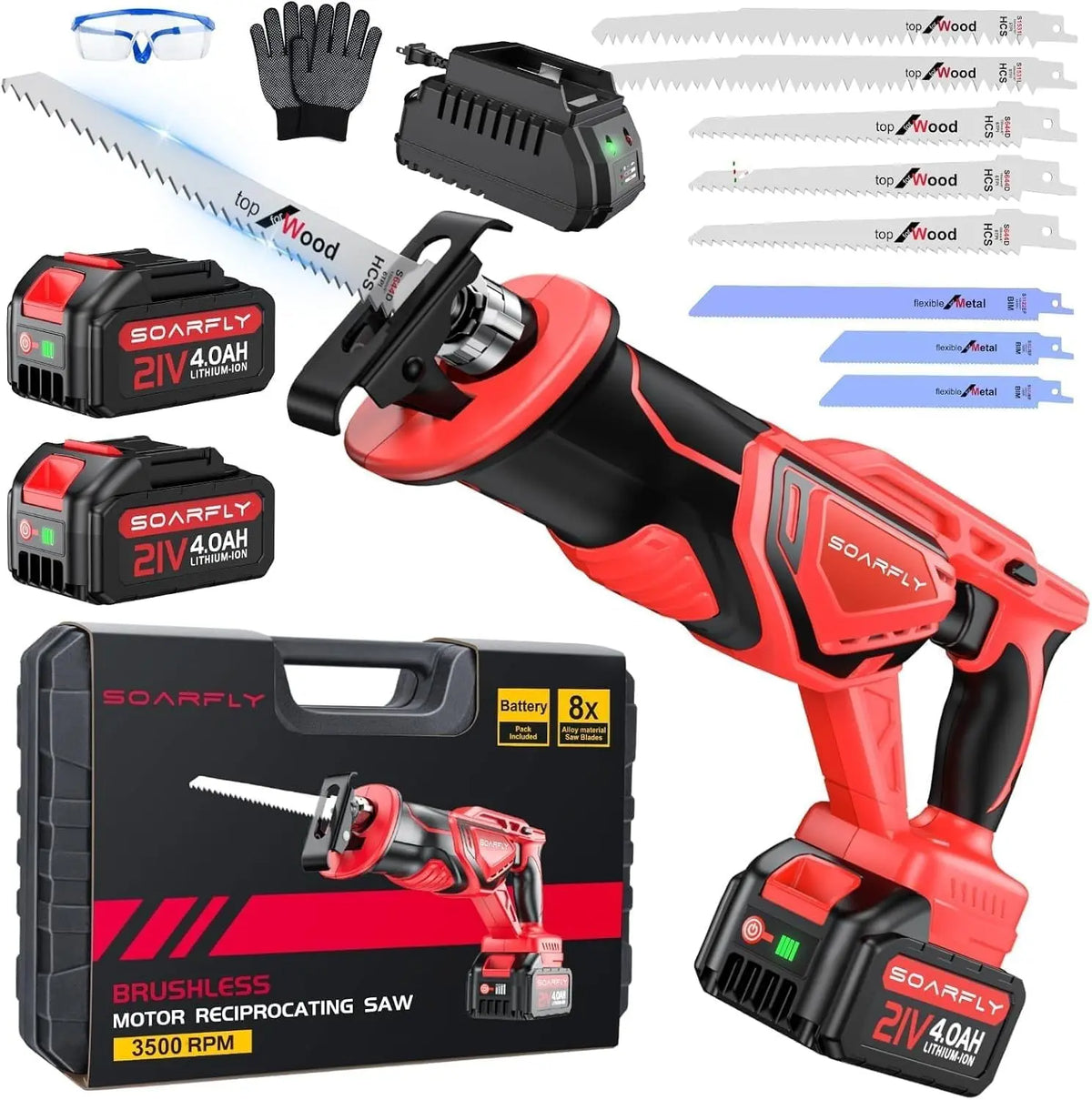 Cordless Reciprocating Saw 21V Brushless Motor with 2x4.0Ah Batteries - 3500 SPM High-Speed Cutting, 8 Blades for Wood, Metal, PVC Pipe