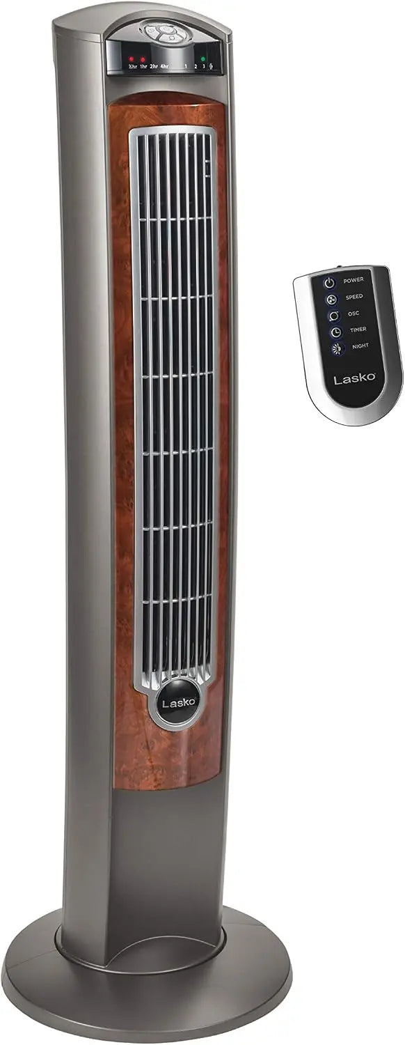 Lasko Oscillating Tower Fan with Remote - 42 Inch Tall, Gray/Woodgrain