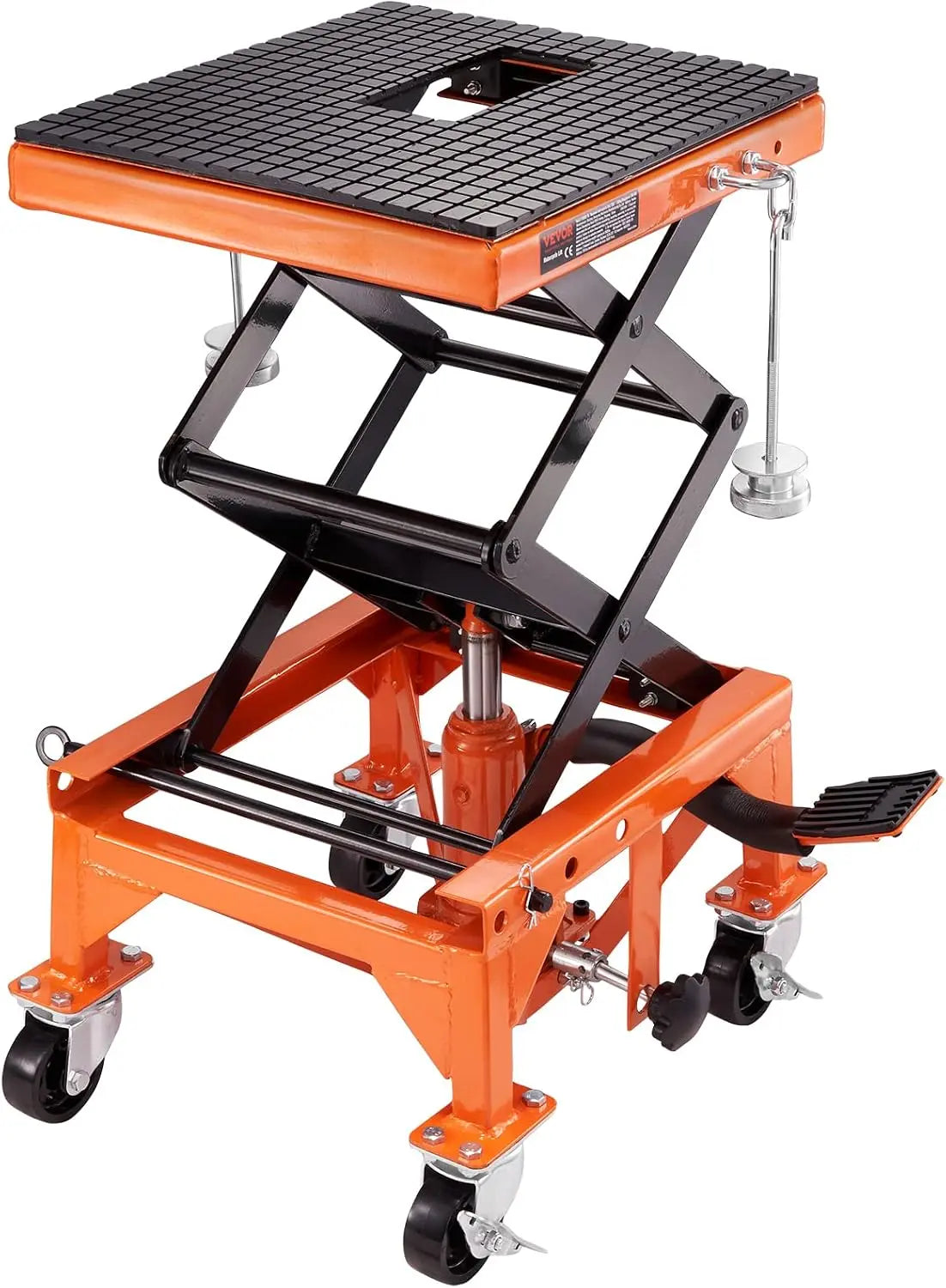 VEVOR Hydraulic Motorcycle Lift Table - 350 lbs Capacity Motorcycle Scissor Jack Lift with Wide Deck, J-Hooks, 4 Wheels
