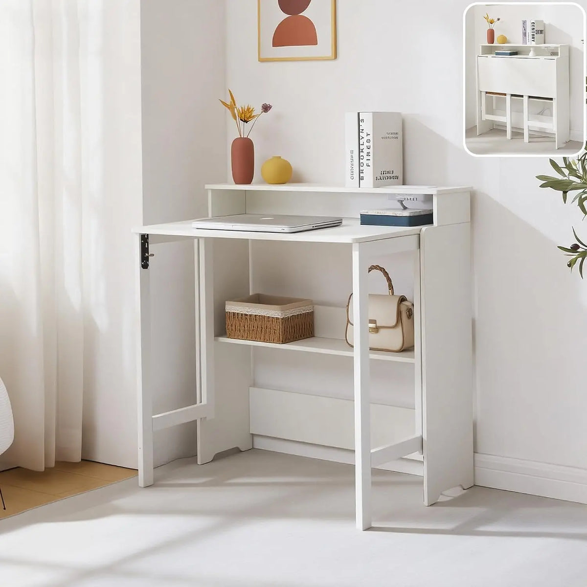 Fold Out Desk with Power Outlets - Small Foldable Table with Storage Shelf, Space-Saving Hidden Desk for Bedroom, Living Room & Office, White