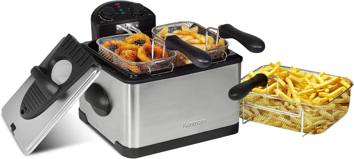 Kenmore Electric Deep Fryer - 4L Stainless Steel, 3 Baskets, Temperature Control, Grease and Odor Filtration