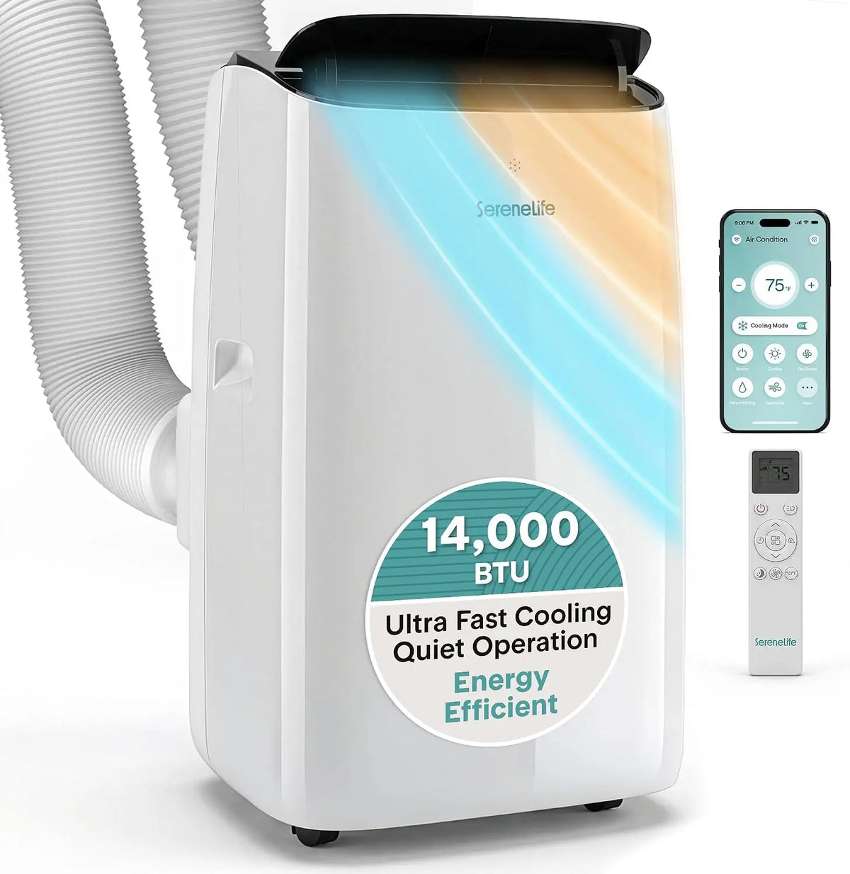 SereneLife 14000 BTU Portable Inverter Air Conditioner - 115V Smart Cooling & Heating with WiFi, Energy Efficient, For Bedrooms, 650 Sq Ft Coverage