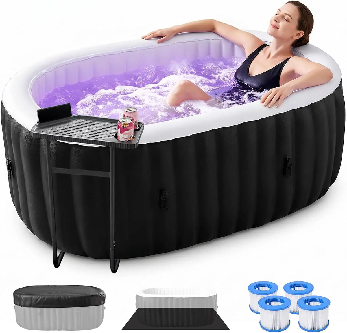 Inflatable Hot Tub with LED Lights - 2 Person Oval Portable Blow up Hot Tub Spa with Side Table, Leak-Proof PVC Outdoor Spa with 100 Air Jets