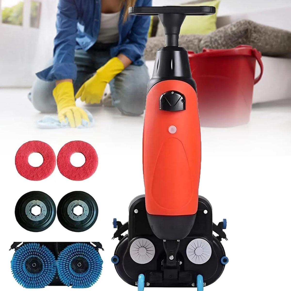 Battery Floor Scrubber Machine - 17 Inch Double Brush Disc Floor Polisher with Separate 4L & 7L Water Tanks for Commercial Cleaning, Red