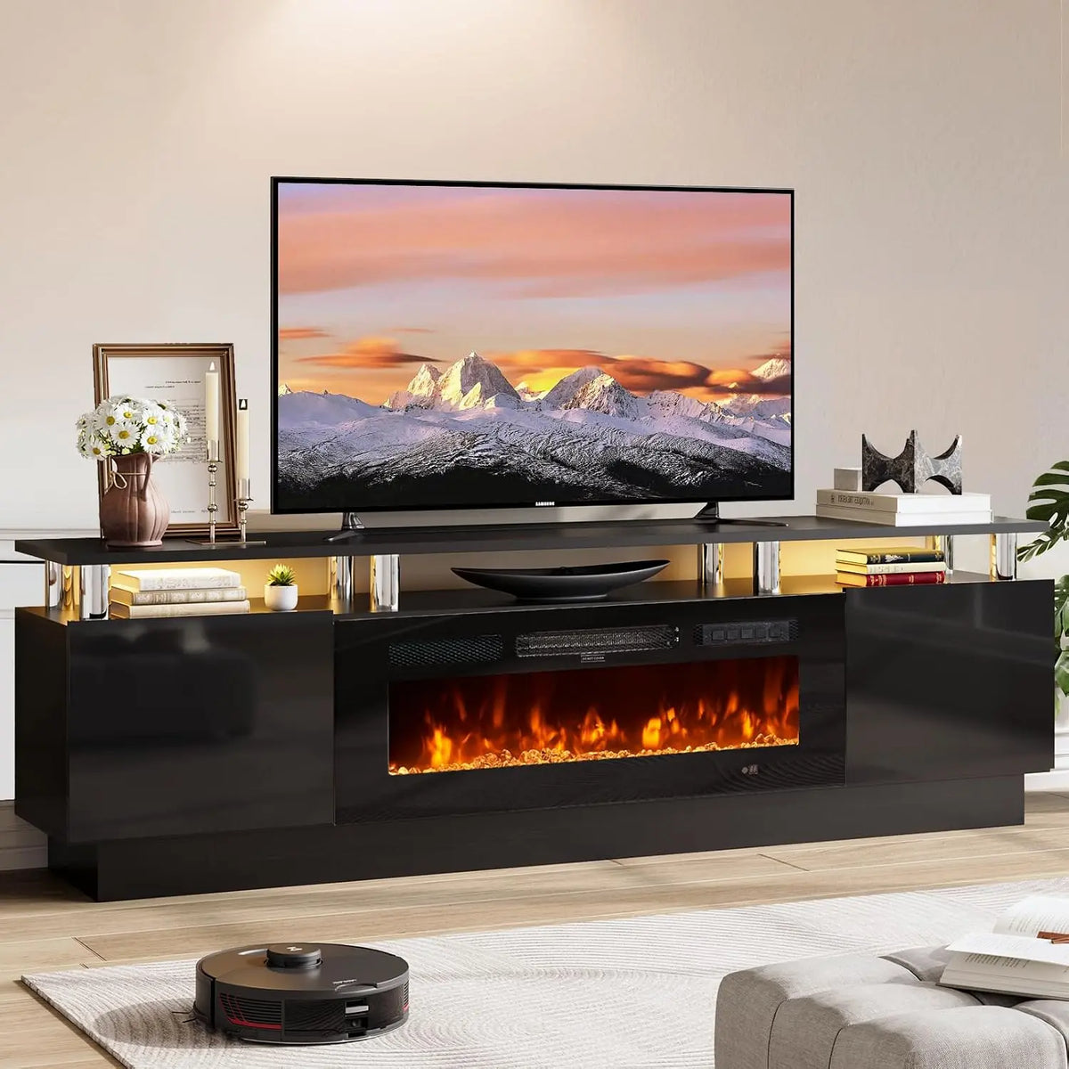 70 Inch TV Stand for Living Room - Modern Entertainment Center & Media Console, Fits TVs up to 80 Inch, Storage Cabinet with Shelves, All Black