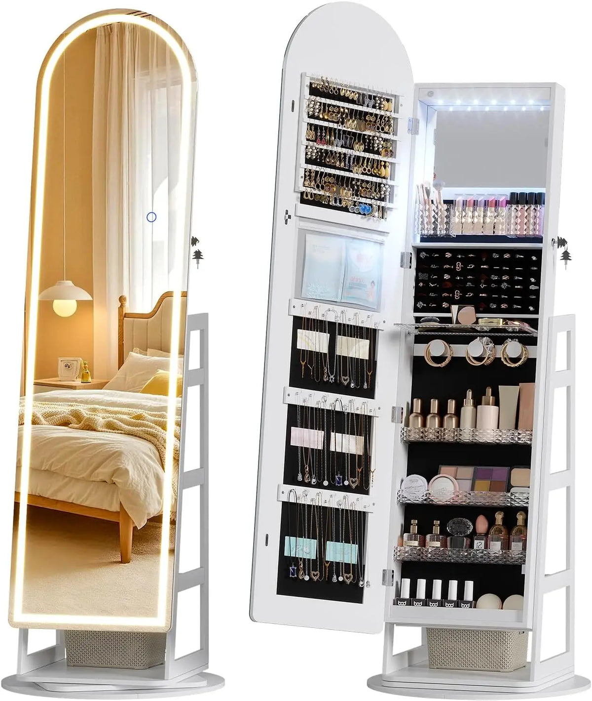 LVSOMT LED Arched Mirror Jewelry Cabinet Standing - Lockable Jewelry Armoire