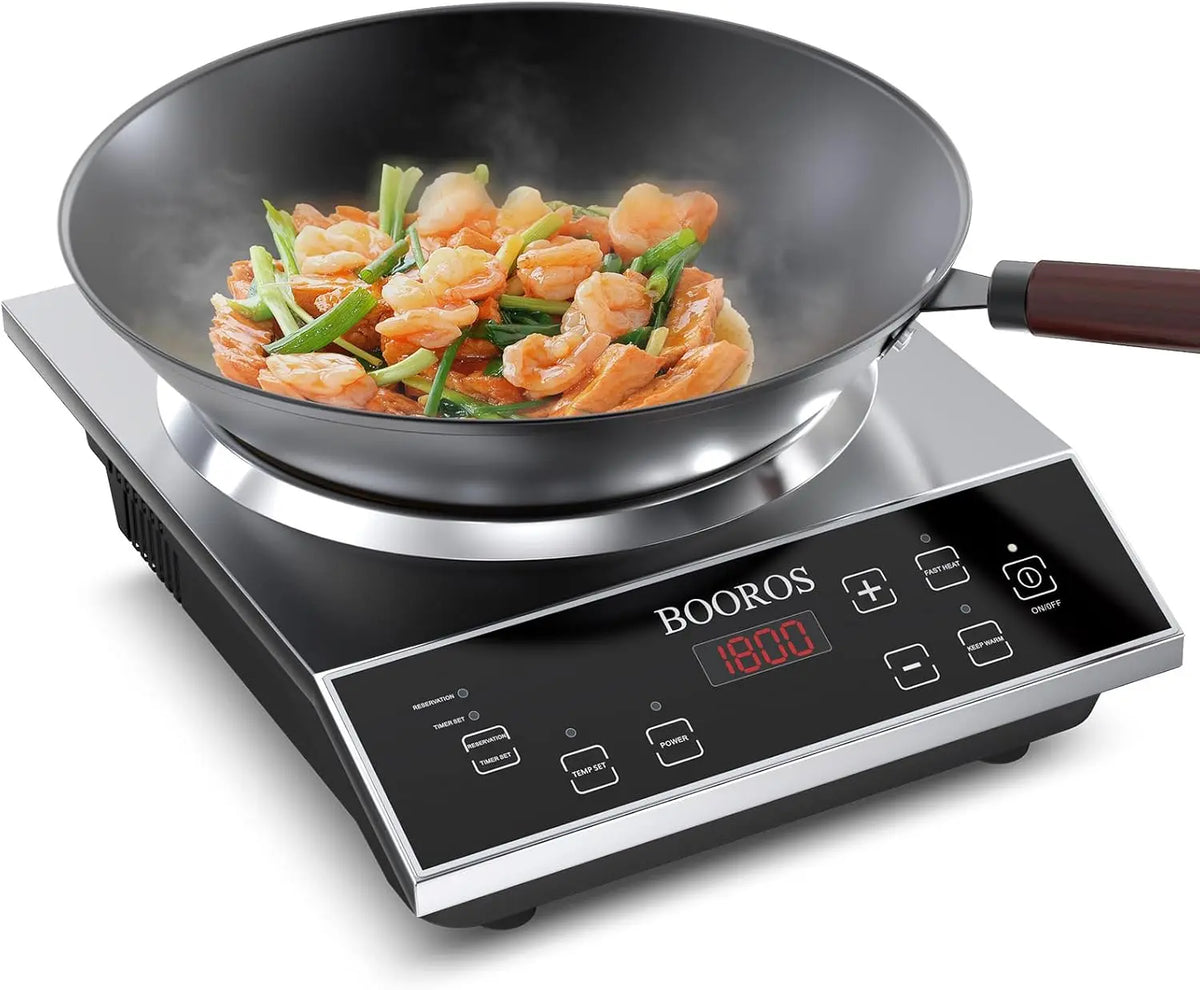 BOOROS 1800W Induction Wok Cooker - Concave Burner with 13.8 Inch Wok