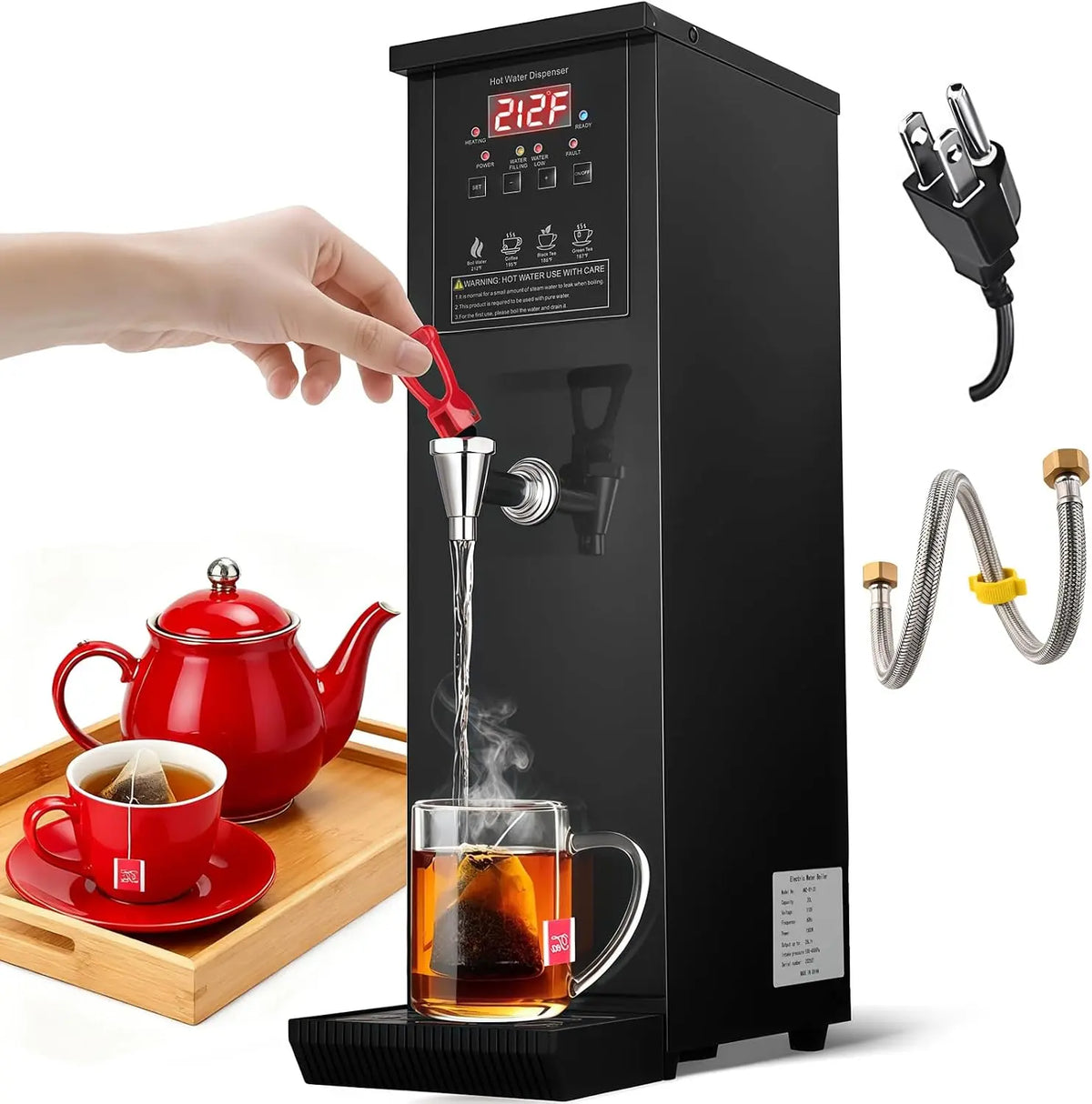 Commercial Hot Water Dispenser Water Boiler Countertop 30L/H Auto-filling Stainless Steel Hot Water Machine Step-heating 104-212°F Adjustable for Cafe