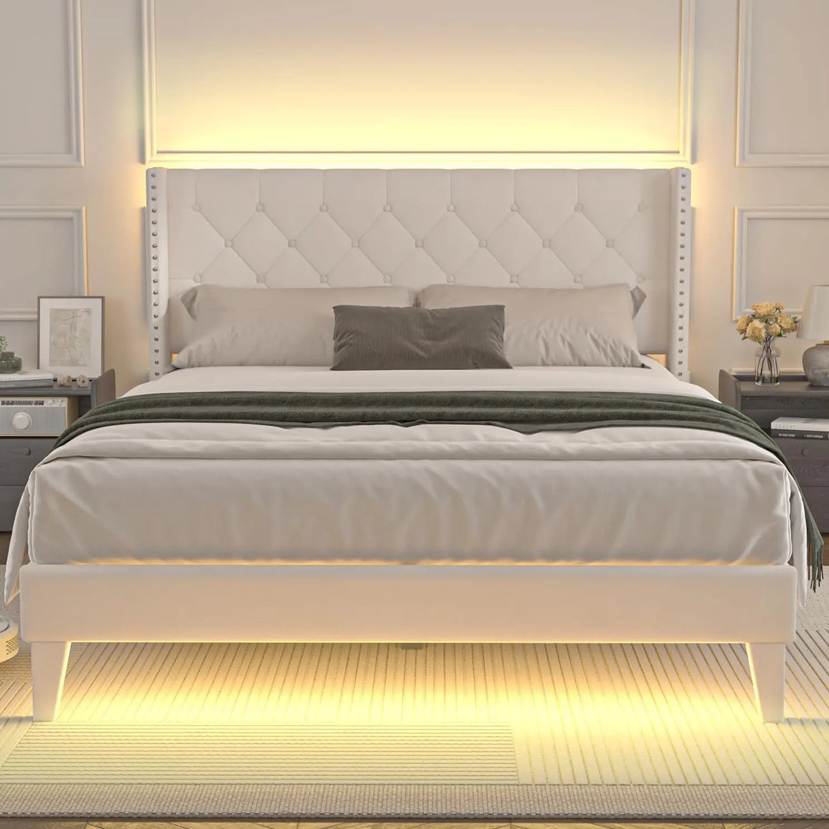 Lihimte Full Size Bed Frame with Led Lights - Upholstered Velvet Platform Bed Frames with Button Tufted Wingback Headboard and Footboard, Beige