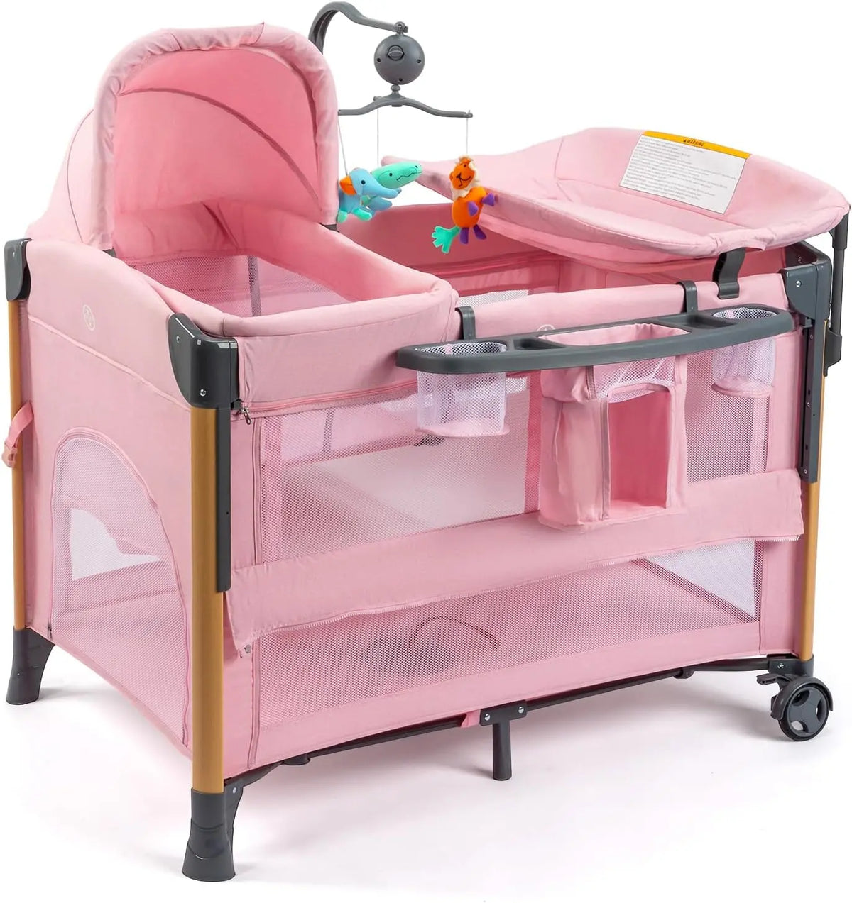 JOYMOR 7 in 1 Bedside Bassinet with Changing Table - Baby Girl Bassinet, Pink Bedside Baby Bed with Mattress, Sheet, Canopy, Storage Shelf