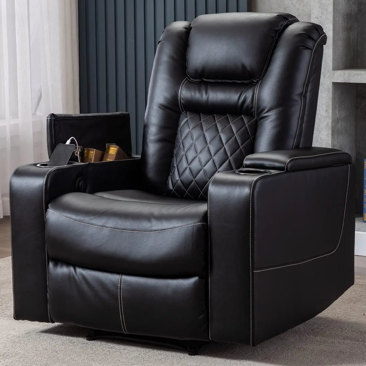 CANMOV Electric Power Recliner Chair with USB Ports and Cup Holders - Breathable Leather Home Theater Seating with Hidden Arm Storage, Black