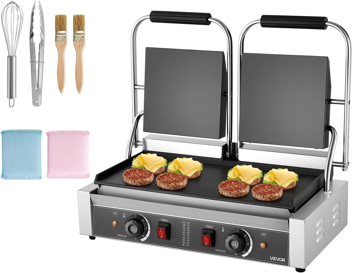 VEVOR Commercial Panini Grill - 3600W Electric Sandwich Panini Maker, Stainless Steel Double Sandwichs Press with Handle and Temp Control