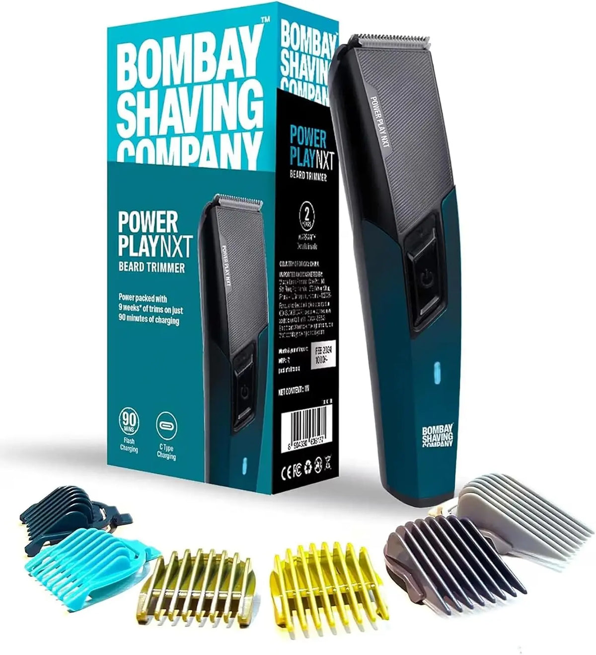 Bombay Shaving Company Power Play NXT Trimmer - 9 Weeks of Trimming, 90 mins Run time with Type C, 6 Comb attachments, Blue