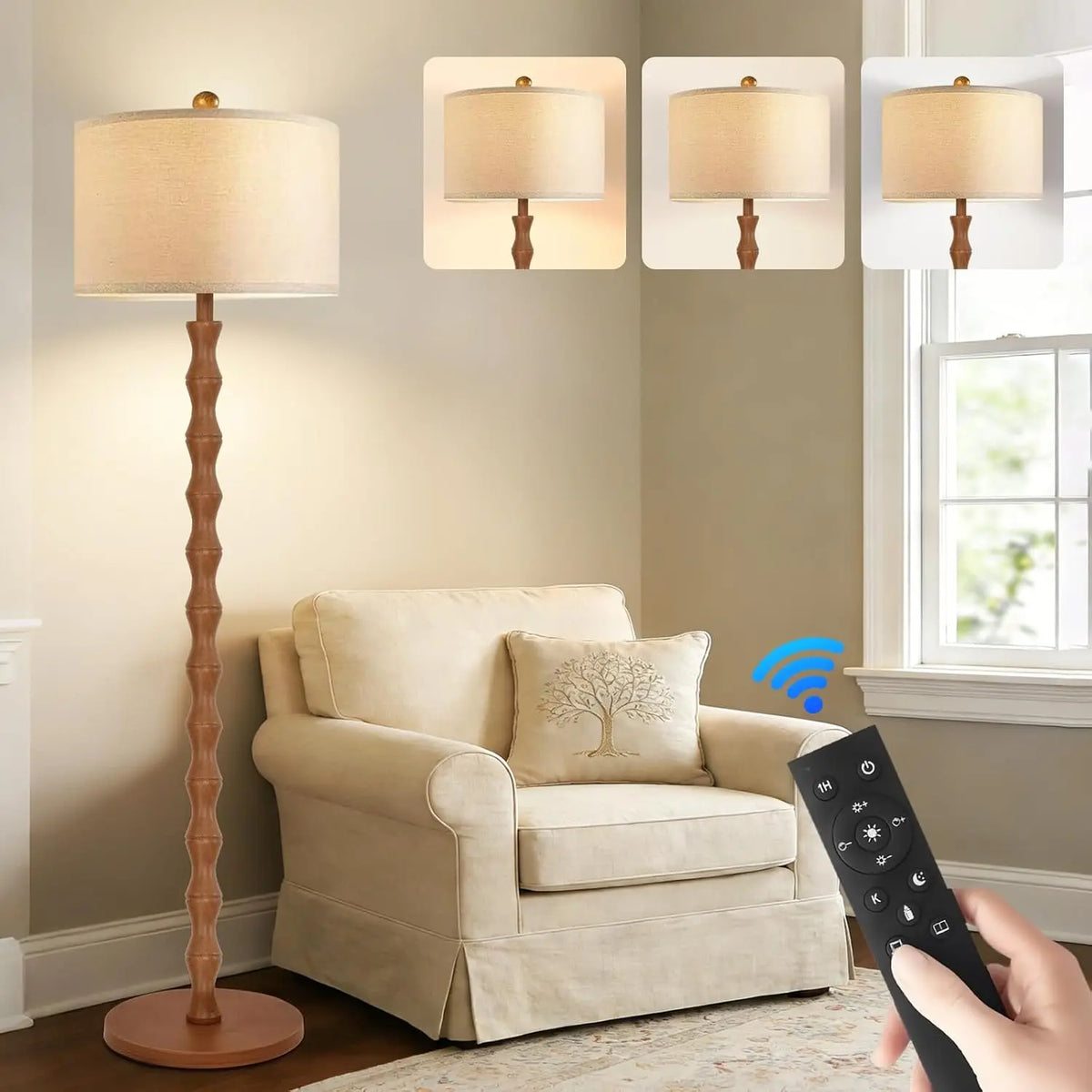 ZECOXOL Wood Floor Lamp with 3 Color Temperatures - Boho Floor Lamp with Remote Control