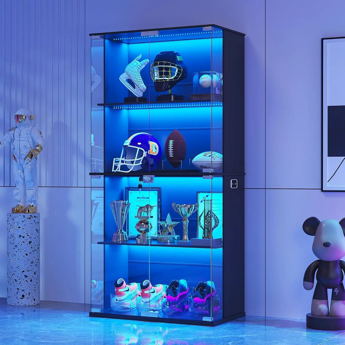 HNEBC Black Display Cabinet with Glass Door - Lockable 4-Tier Curio Cabinet