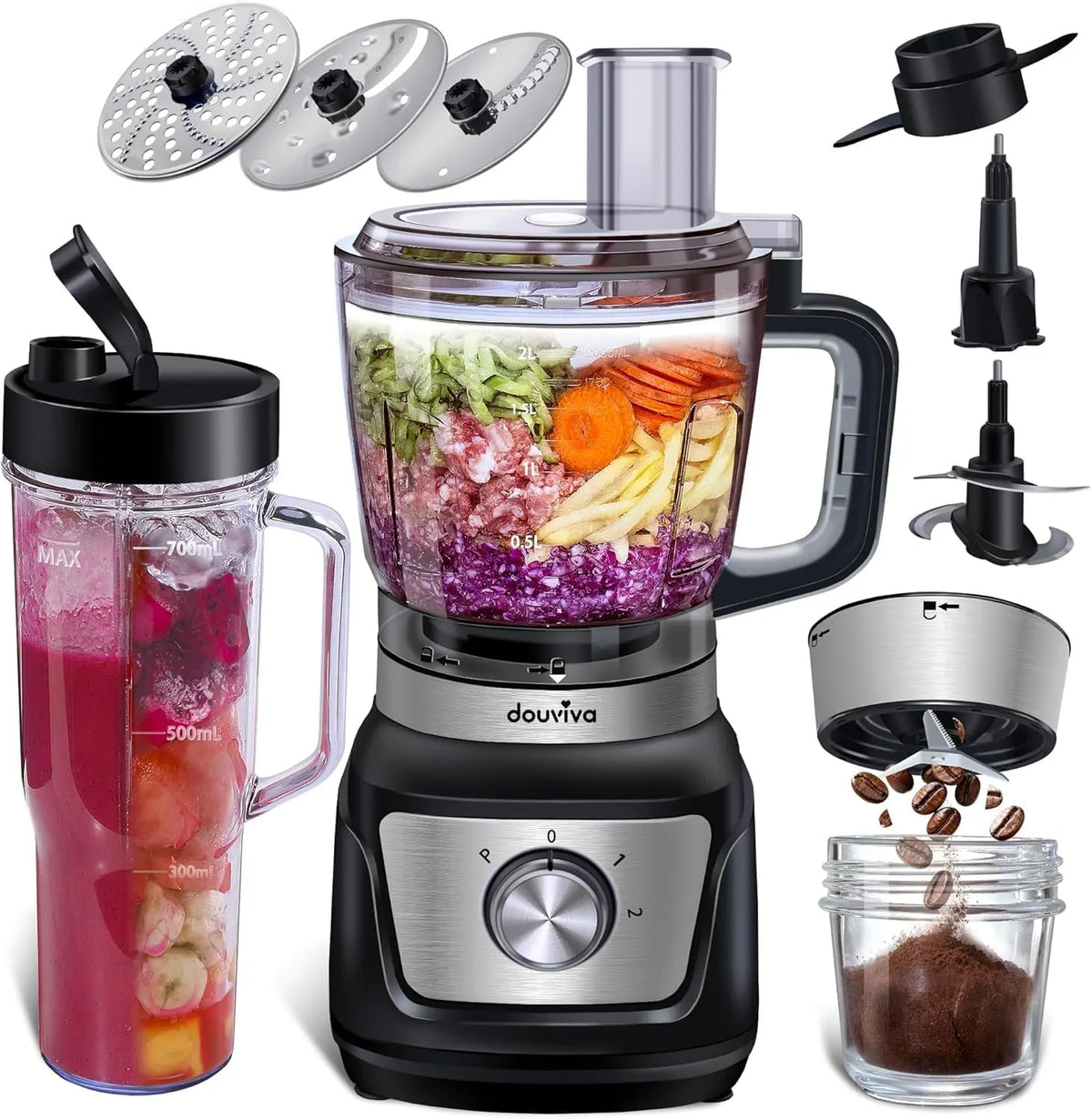 8-Cup Food Processor & Blender Combo - 1000W All-in-One Kitchen Blender for Ice Crushing, Smoothies & Dough, 24oz To-Go Cup, French Fry Cutter, Black