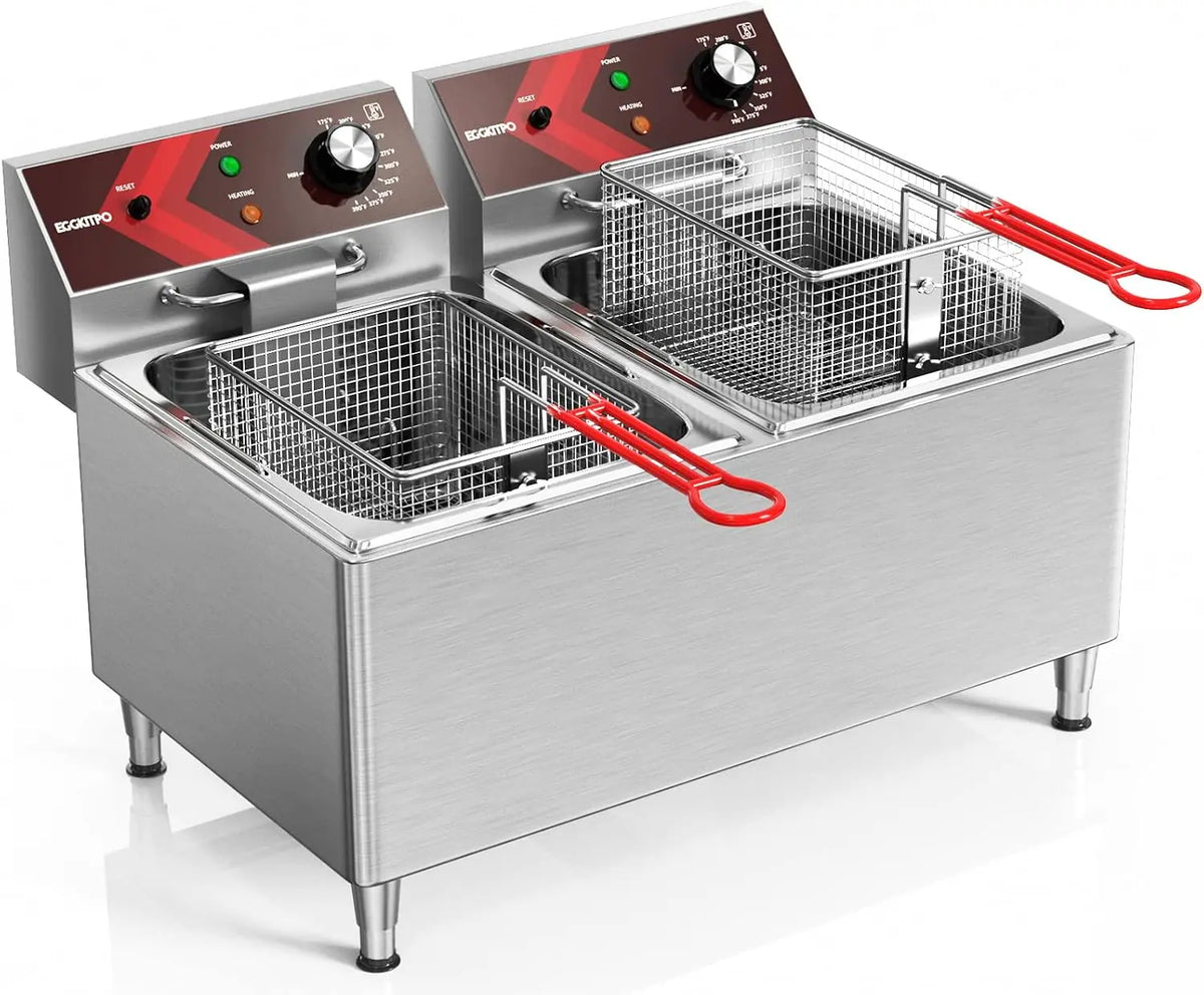 EGGKITPO Deep fryers Commercial Deep Fryer 12L x 2 Large Dual Tank Electric Countertop Fryer for Restaurant - 2 Frying Baskets and Lids, 1800W x 2