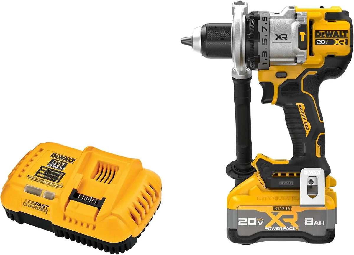 DEWALT 20V Max XR 1/2 Inch Brushless Cordless Hammer Drill Kit with 8AH Battery and Charger - 3 Speed, DCD1007WW1