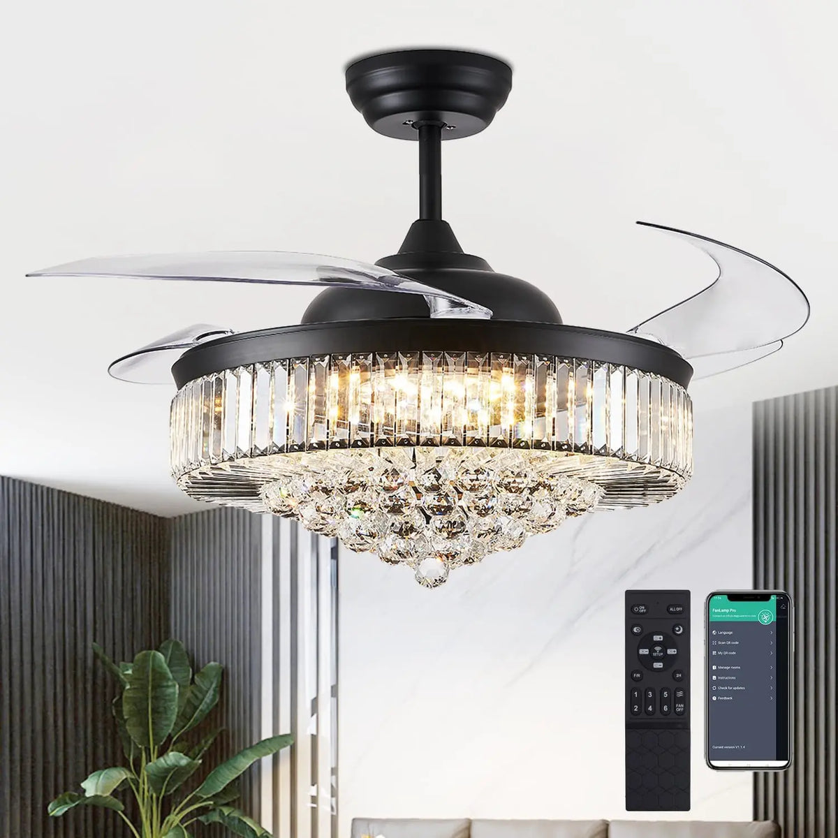 Fandelier Ceiling Fans with Lights and Remote Control Crystal Chandelier Ceiling Fan for Bedroom Living Room - LED Dimmable, 6 Speeds, Black