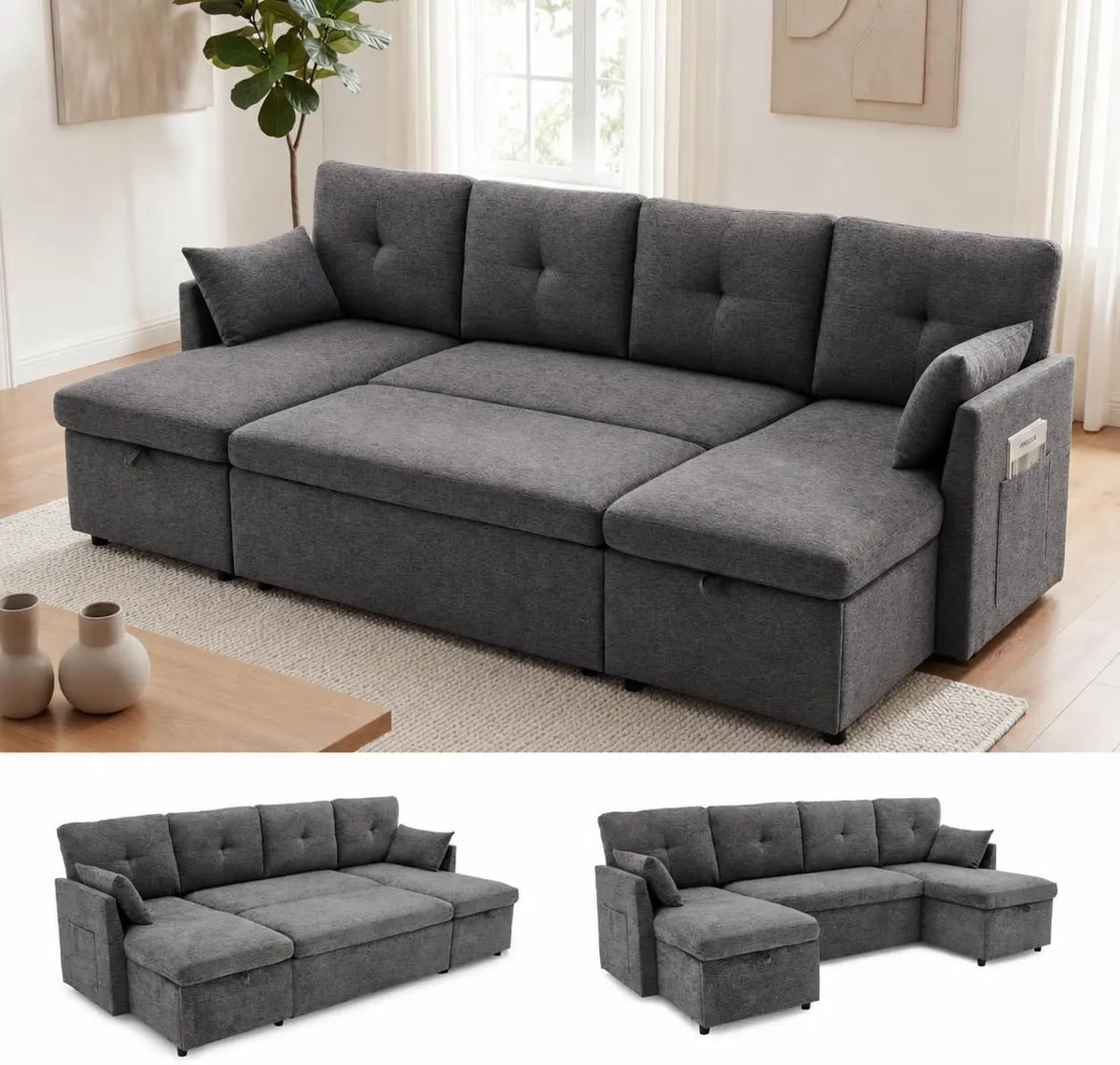 Howjoe 100 Inch Sleeper Sofa Couch - Sectional Sofa Bed, Dark Gray