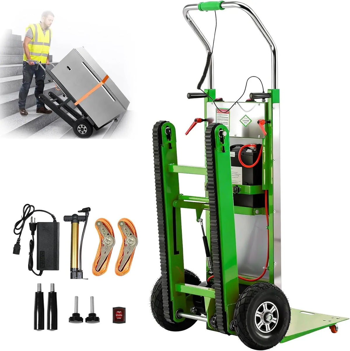 Electric Stair Climbing Dolly - 1250W Heavy Duty Electric Stair Climbing Hand Truck, 900lbs Max Load Capacity, Green/Big Wheels