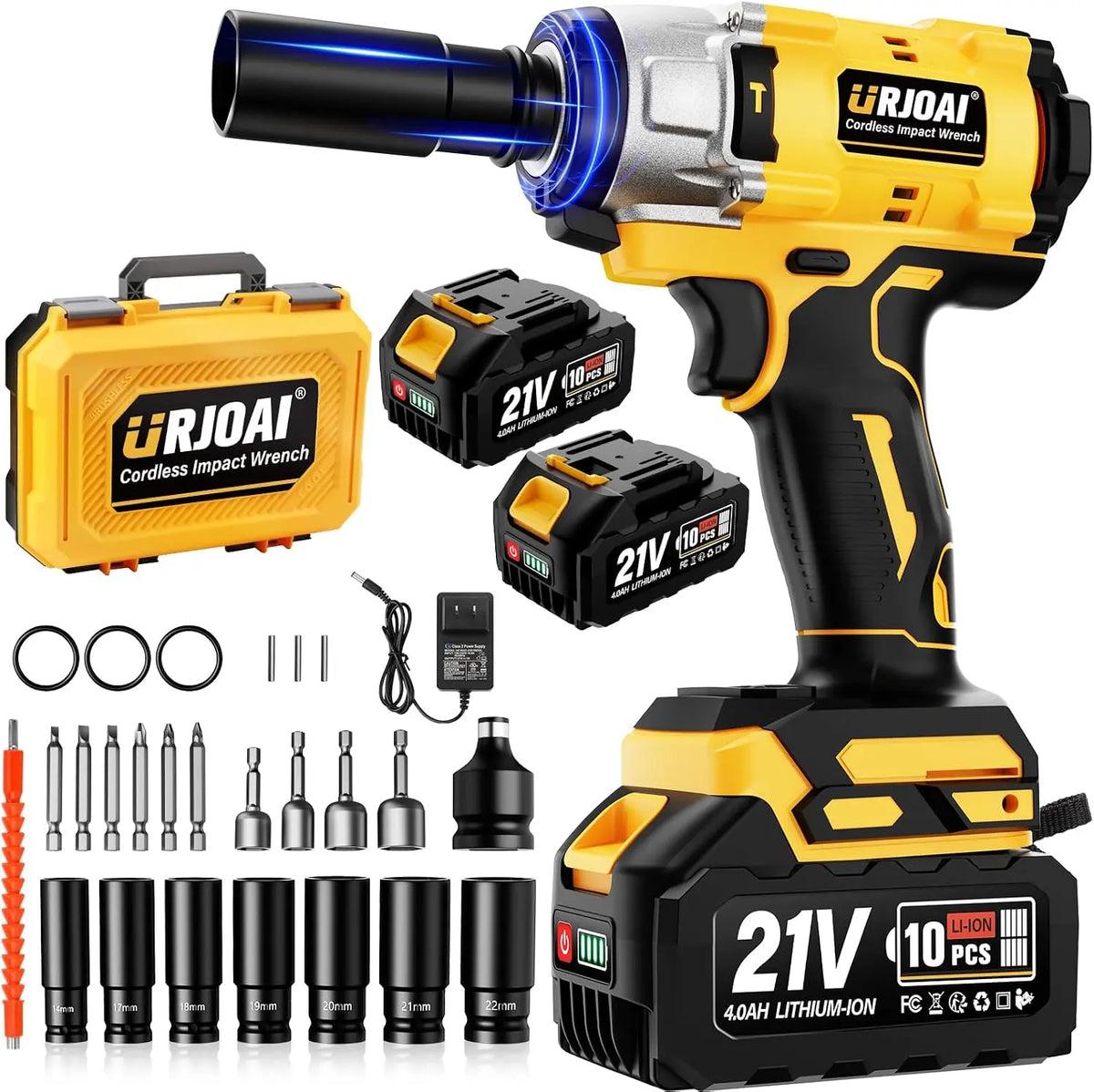 Urjoai Cordless Impact Wrench - 590Ft-lbs, 800N.m, Brushless 1/2 Inch, 3300RPM High Torque Impact Gun, 2x 4.0Ah Battery, Charger & 7 Sockets