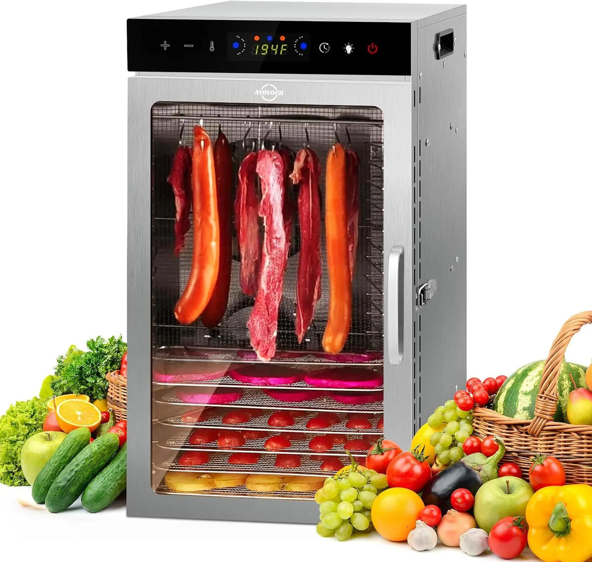 Commercial Food Dehydrator Machine 18-Tray - 86-194℉ Temperature Control, 800W Fast Drying Dehydrater, Low Noise <45dB, 24H Timer, LED Display