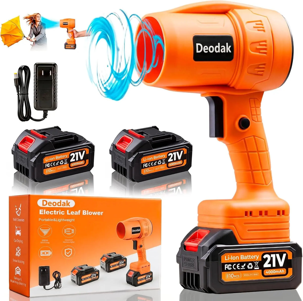 Handheld Cordless Leaf Blower with 2 x 21V Batteries & Charger - 880, 000 RPM