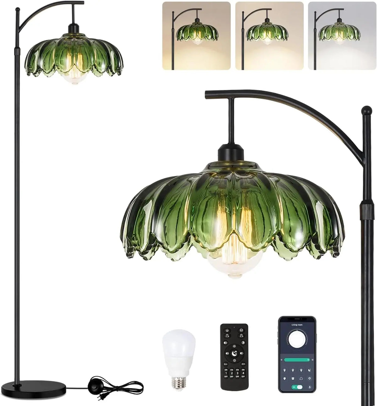 QIYIZM Glass Floor Lamp for Living Room - Bedroom, Gold Dimmable Standing Lamp with Remote