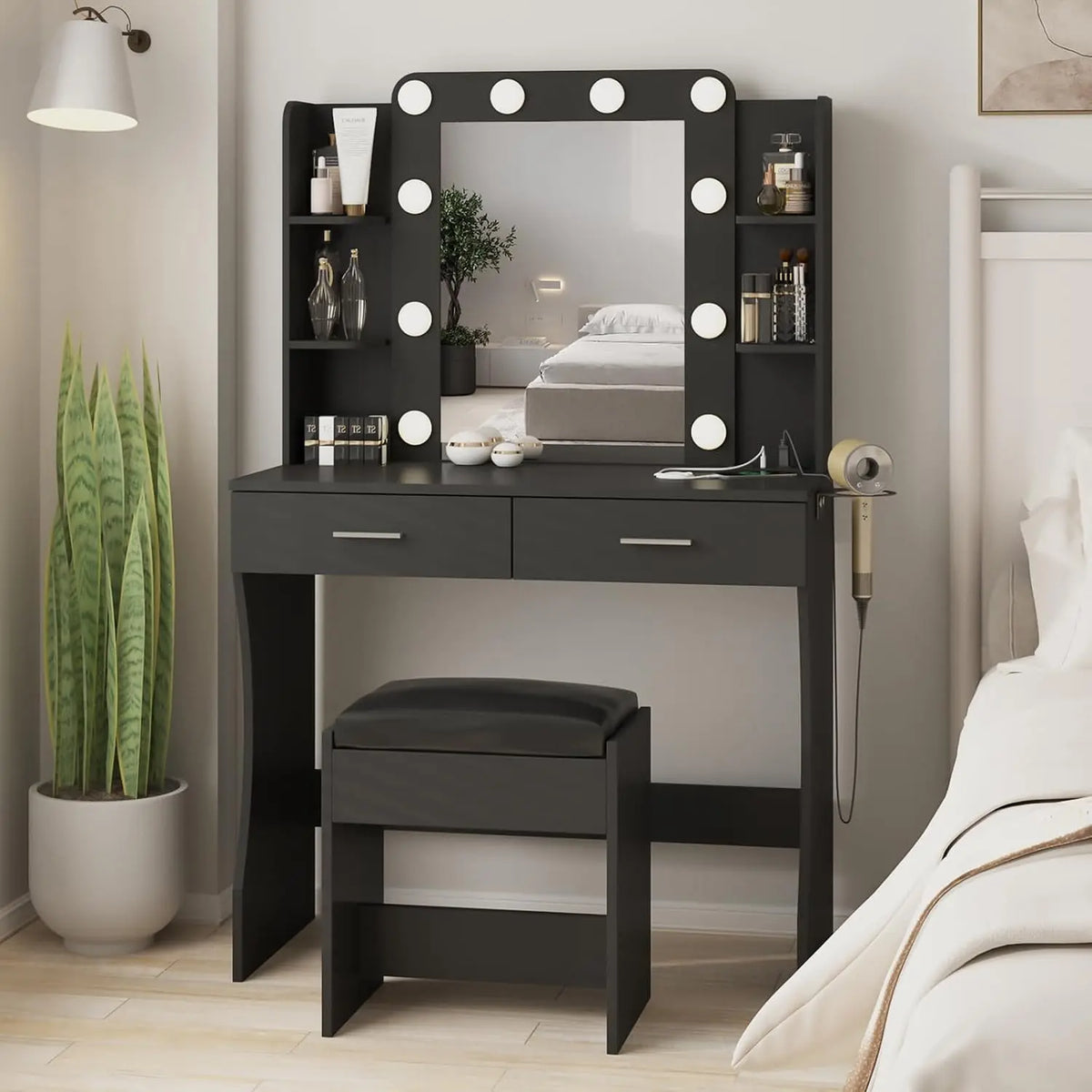 Vabches Vanity Desk with Lights - Makeup Vanity with Power Strip, Black