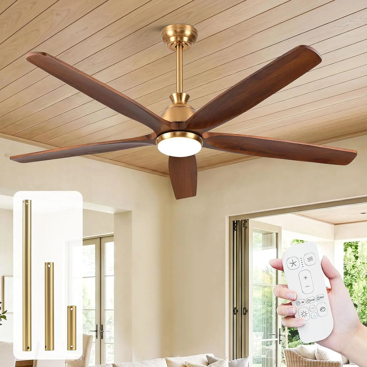 52 Inch Ceiling Fan with Light - Gold Brass Walnut finish, 5 Solid Wood Blades