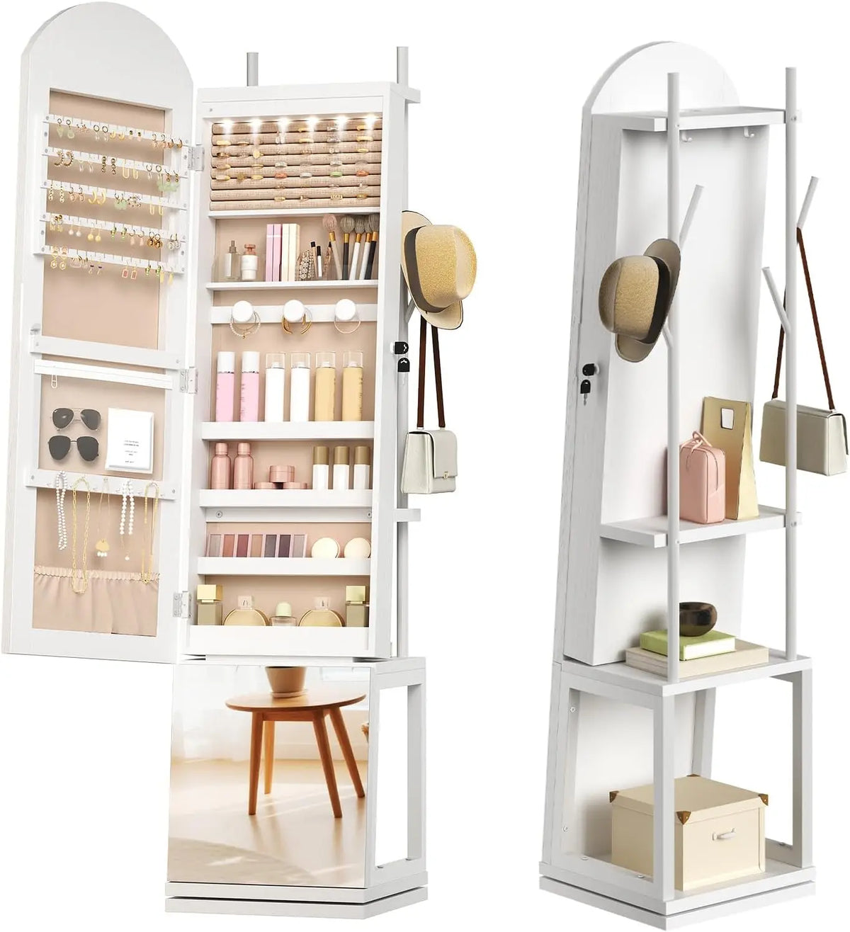 HOOBRO 360° Swivel Jewelry Cabinet with LED Lights - Standing Jewelry Organizer with Storage Shelf, Arched Full-Length Mirrored Jewelry Aromires