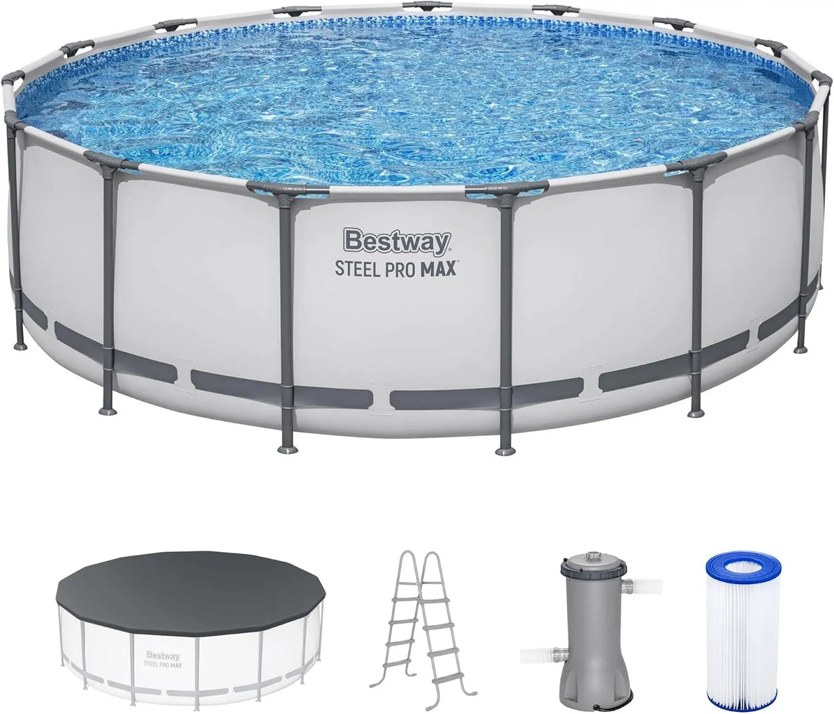 Bestway Steel Pro Max 15' x 48 Inch Above Ground Pool - Round Metal Frame Outdoor Swimming Pool Set with Filter Pump, Ladder, and Cover, Gray