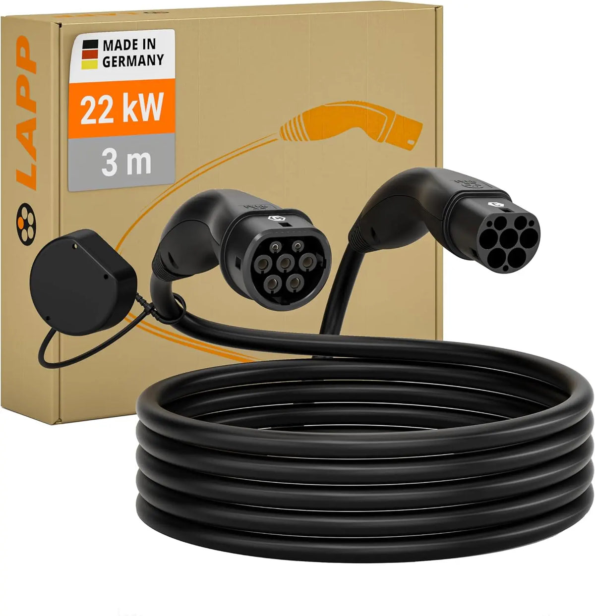 LAPP Mobility EV Charger 22 kW Type 2/32 A / 3-phase/Charging Cable for Electric Vehicle Charger - Smooth Surface / 3 Metres/black
