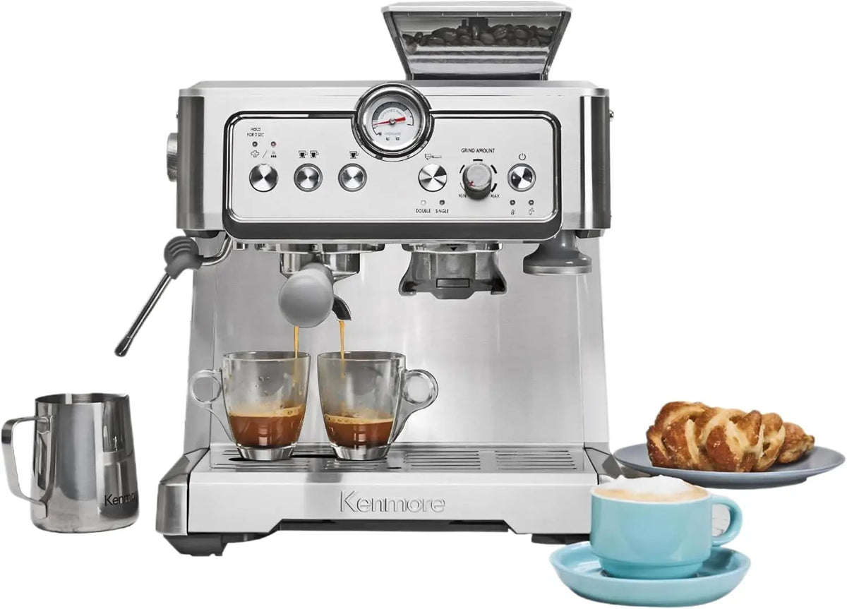 Kenmore Espresso Machine - Automatic Coffee Maker with Manual Tamper, Auto Cleaning, Milk Steamer & Frother, Bean Grinder, Café Latte