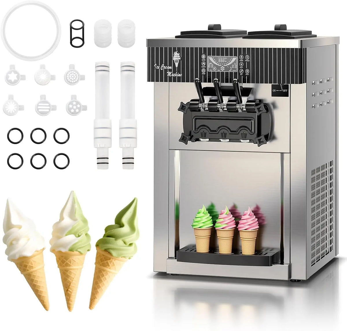 Soft Serve Ice Cream Machine - 28 QT/H Yield 2450W Countertop Commercial Ice Cream Machine With 2x6L Hopper 3 Dispensers, for Restaurant Snack Bar